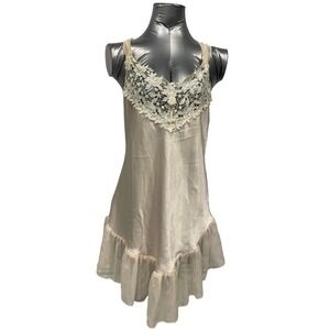 Vintage 90s Dentelle Slip Chemise Sleep Dress M Beige Lace Trim Ruffle Hem Sheer